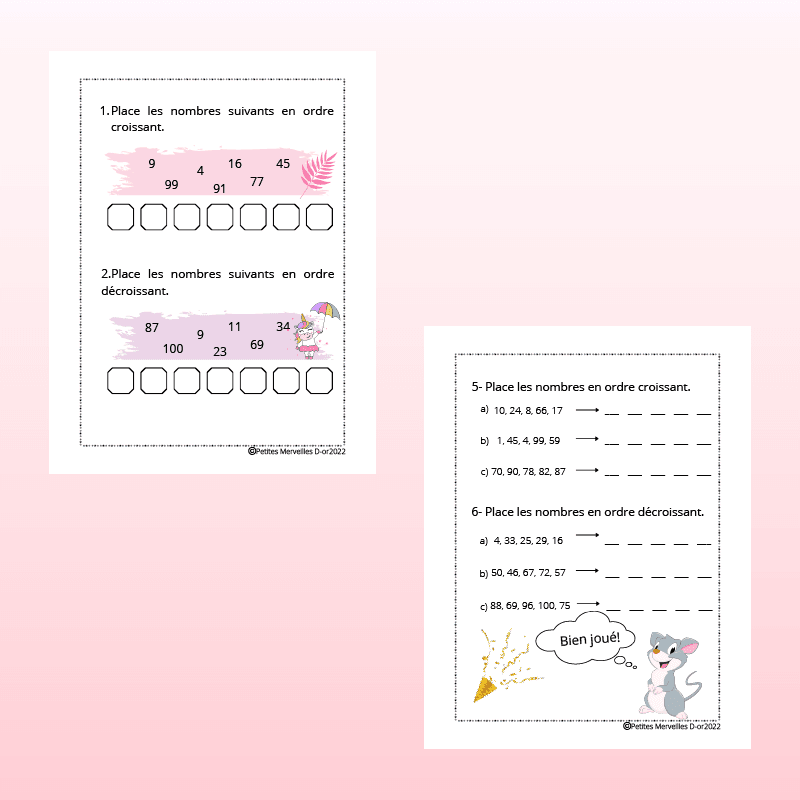 Cahier d'exercices ordre croissant et décroissant des nombres pour le 1er cycle du primaire.