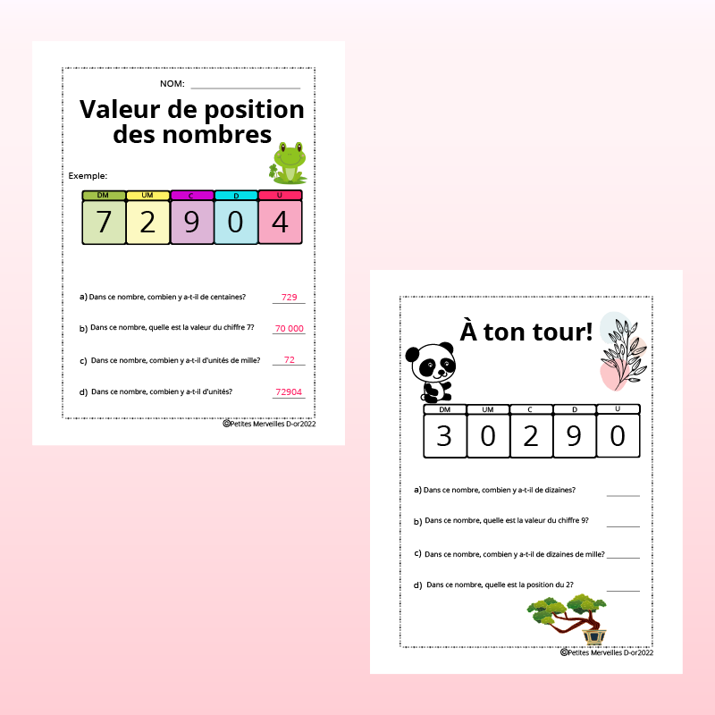 Valeur de position des nombres pour la 3e et 4e année du primaire.